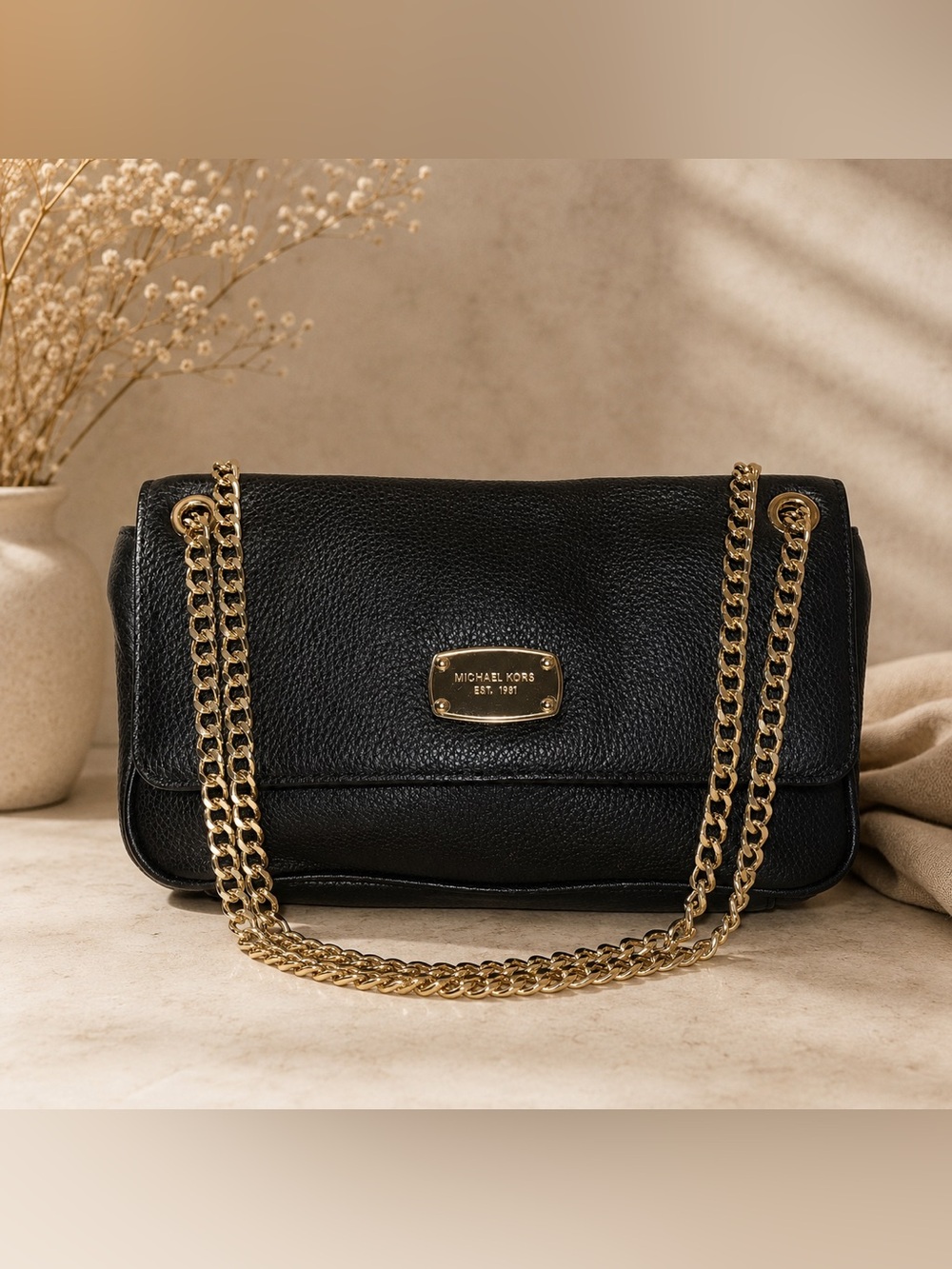 Michael Kors Black Leather Shoulder Bag w/ Gold Chain Strap